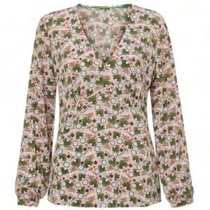 Boden Viola Pink Green Floral Print Long Sleeve V-Neckline Boho Top Blouse 10